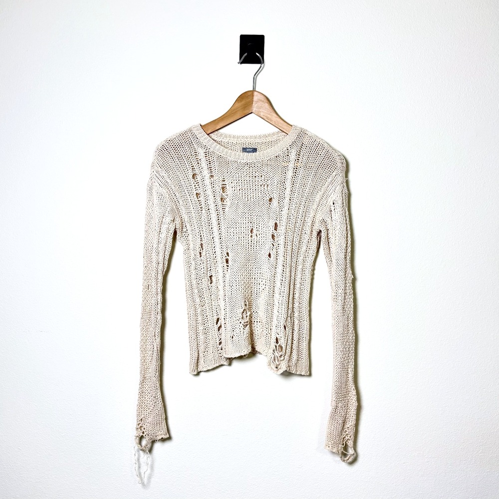 Aerie Womens XXS Beige Open Knit Crew Neck Sweater 90s Grunge Kurt Cobain Insp